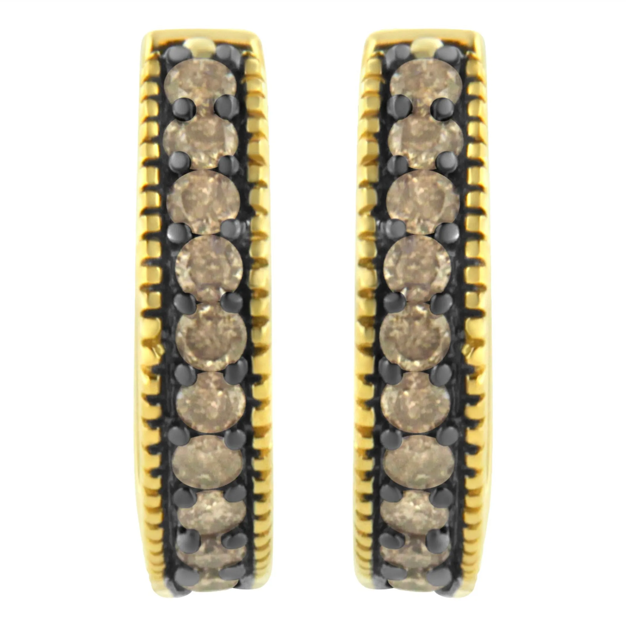 10K Yellow Gold and Black Rhodium 1/2 Cttw Lattice Back Cutout and Round-Cut Diamond Hoop Earring (J-K Color, I1-I2 Clarity)