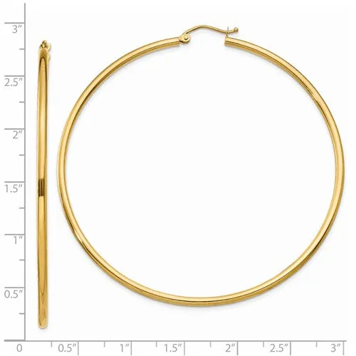 14K Gold 2mm wide 65 mm Lightweight Tube Hoop Earrings