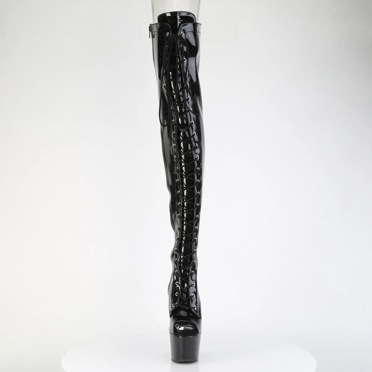 ADORE-3021GP Pleaser Black Glitter Patent Lace Up Thigh High Platform Boots