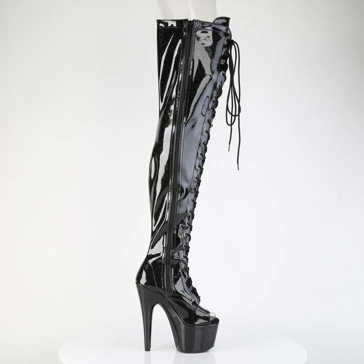 ADORE-3021GP Pleaser Black Glitter Patent Lace Up Thigh High Platform Boots