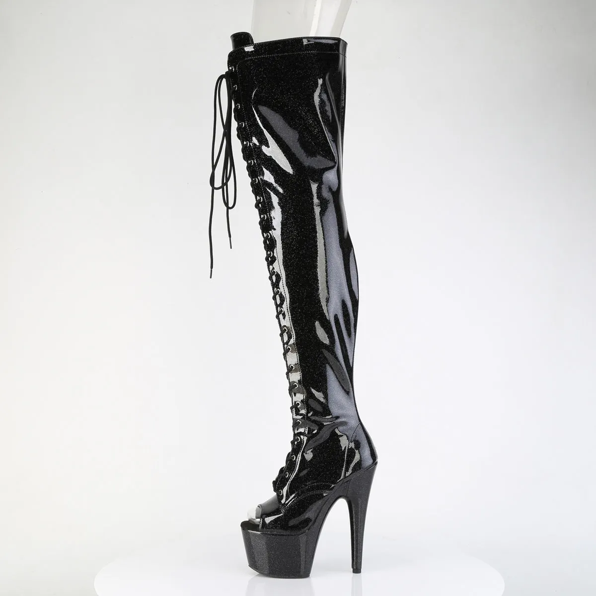 ADORE-3021GP Pleaser Black Glitter Patent Lace Up Thigh High Platform Boots