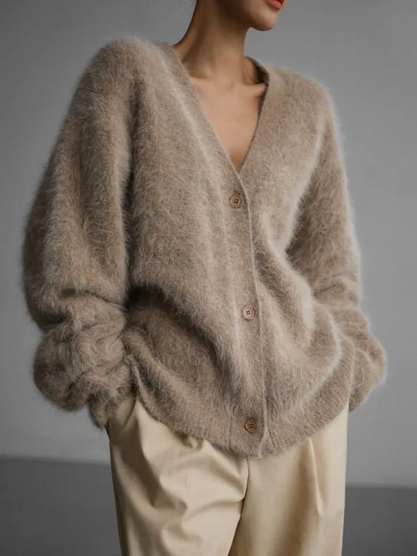 Alaina Women's Loose Long Sleeve Long Wool V-Neck Sweater Cardigan