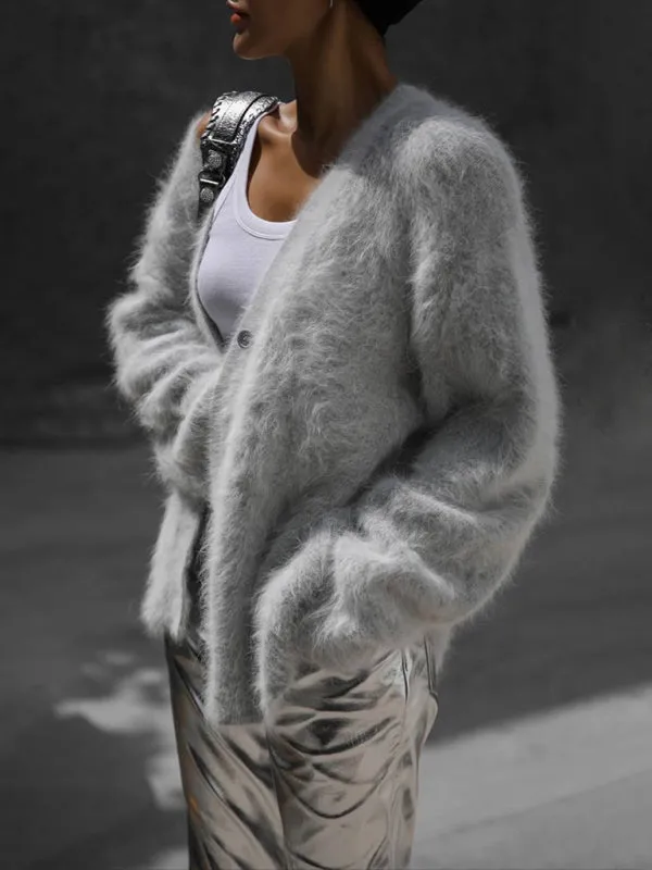 Alaina Women's Loose Long Sleeve Long Wool V-Neck Sweater Cardigan