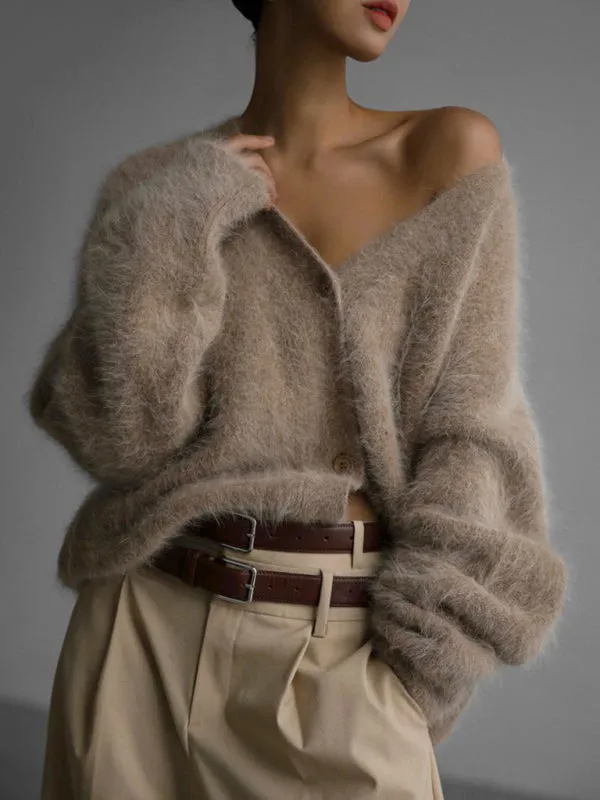 Alaina Women's Loose Long Sleeve Long Wool V-Neck Sweater Cardigan