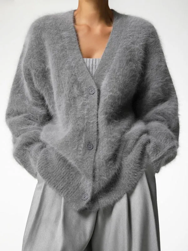 Alaina Women's Loose Long Sleeve Long Wool V-Neck Sweater Cardigan