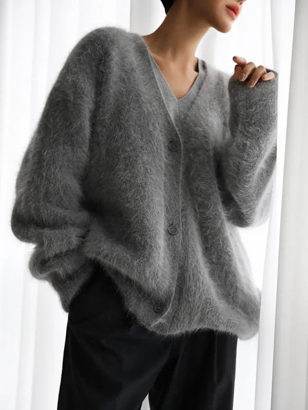 Alaina Women's Loose Long Sleeve Long Wool V-Neck Sweater Cardigan