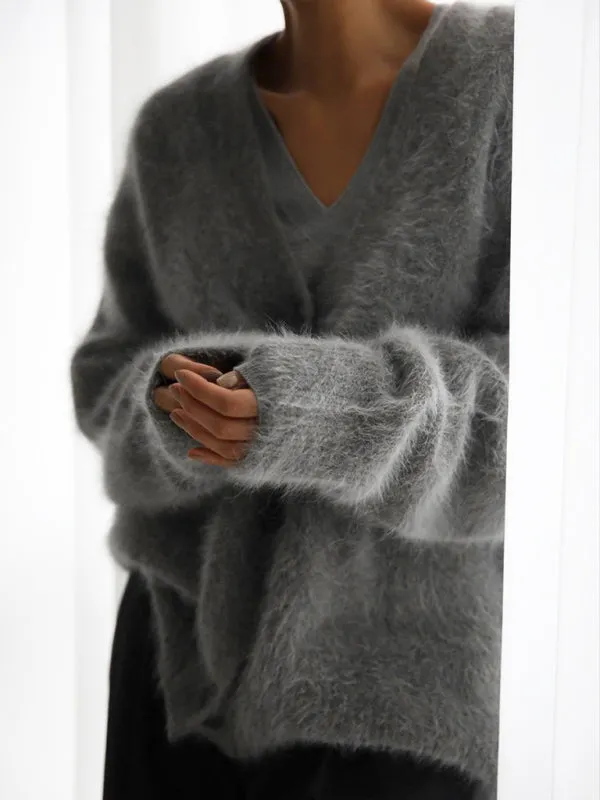 Alaina Women's Loose Long Sleeve Long Wool V-Neck Sweater Cardigan