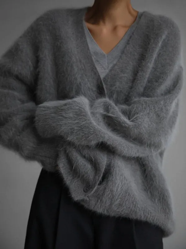 Alaina Women's Loose Long Sleeve Long Wool V-Neck Sweater Cardigan