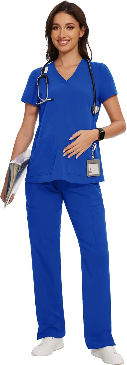 AMPOSH Women's Maternity Scrub Pants with 6 Pockets Stretchy Straight Leg Pregnancy Workwear