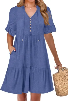 ANRABESS Womens Summer Casual Button Down Mini Dress Ruffle Short Sleeve V Neck Flowy A Line Tiered Beach Vacation Dresses