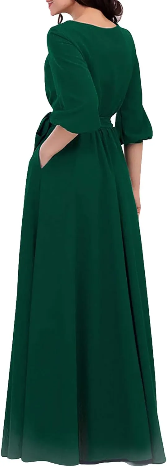 AOOKSMERY Women Elegance Audrey Hepburn Style Round Neck 3/4 Puff Sleeve Swing Maxi Dress Long Belt Dresses with Pockets