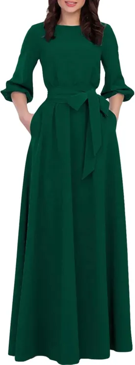 AOOKSMERY Women Elegance Audrey Hepburn Style Round Neck 3/4 Puff Sleeve Swing Maxi Dress Long Belt Dresses with Pockets