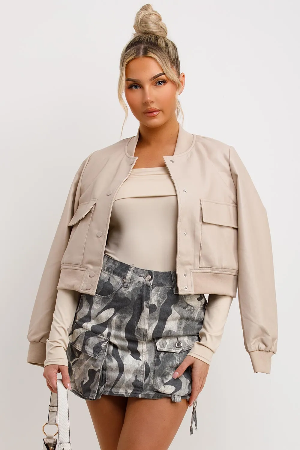 Beige Faux Leather Bomber Jacket