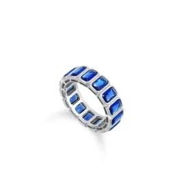 Bezel Emerald Cut Eternity Ring - Silver Navy Blue