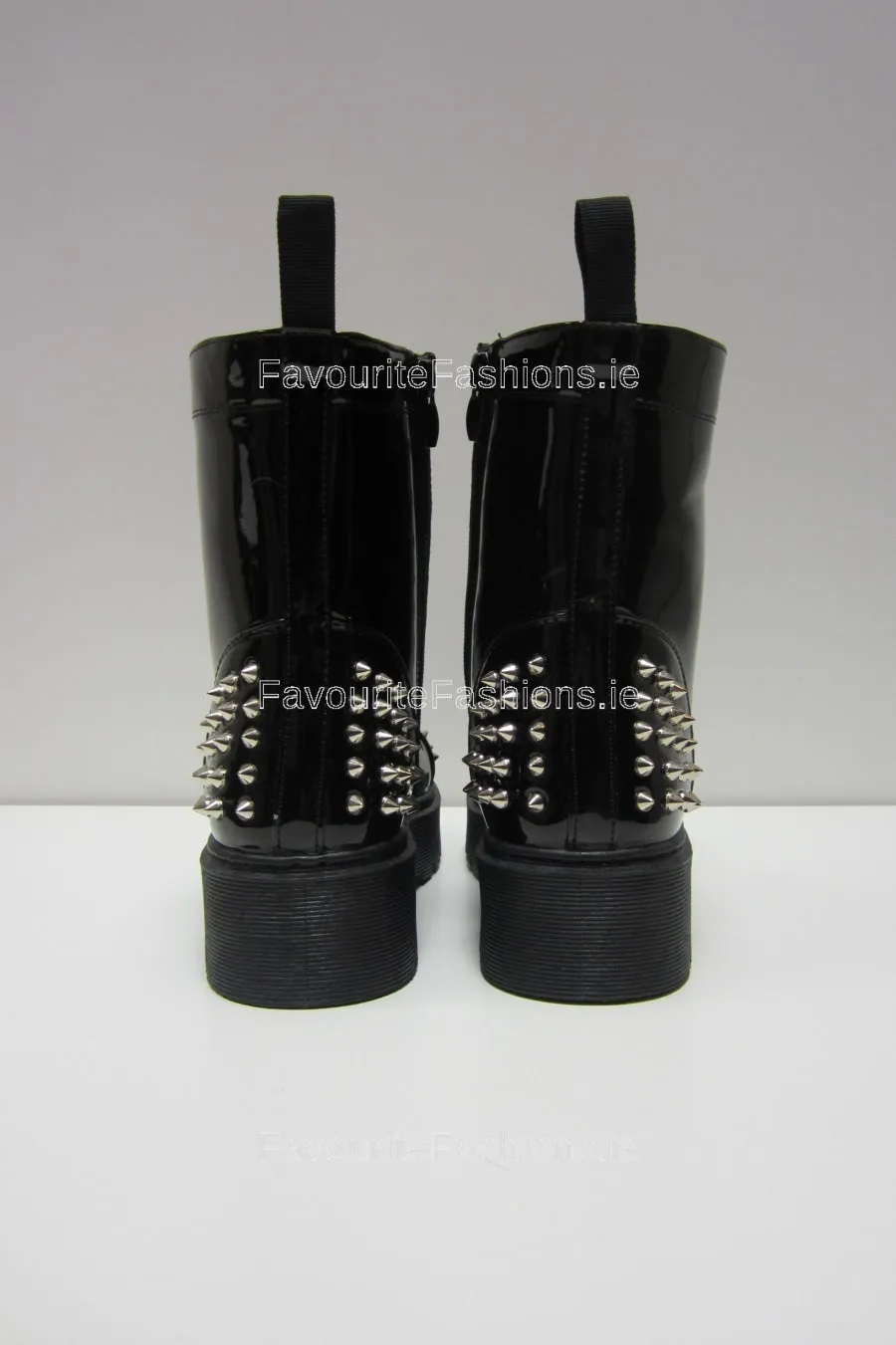 Black Spike Patent Platform Laced-Up Boots