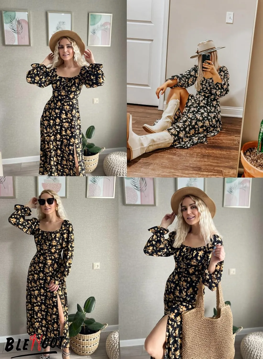 BLENCOT Womens Casual Square Neck Long Sleeve Boho Floral Midi Dress Print Side Split Dresses