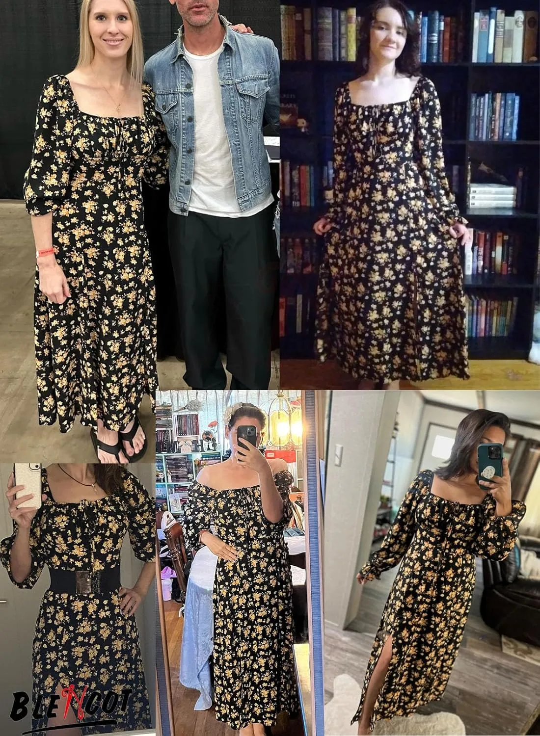 BLENCOT Womens Casual Square Neck Long Sleeve Boho Floral Midi Dress Print Side Split Dresses