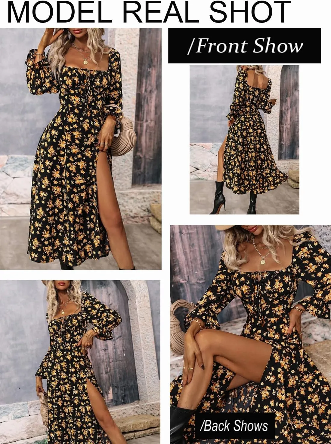 BLENCOT Womens Casual Square Neck Long Sleeve Boho Floral Midi Dress Print Side Split Dresses