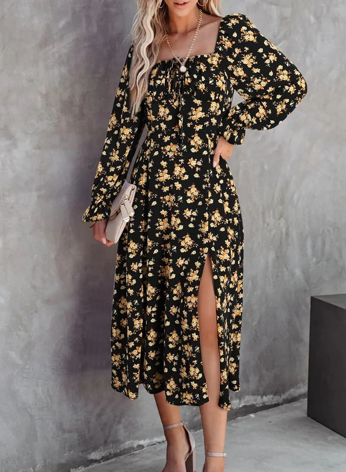 BLENCOT Womens Casual Square Neck Long Sleeve Boho Floral Midi Dress Print Side Split Dresses