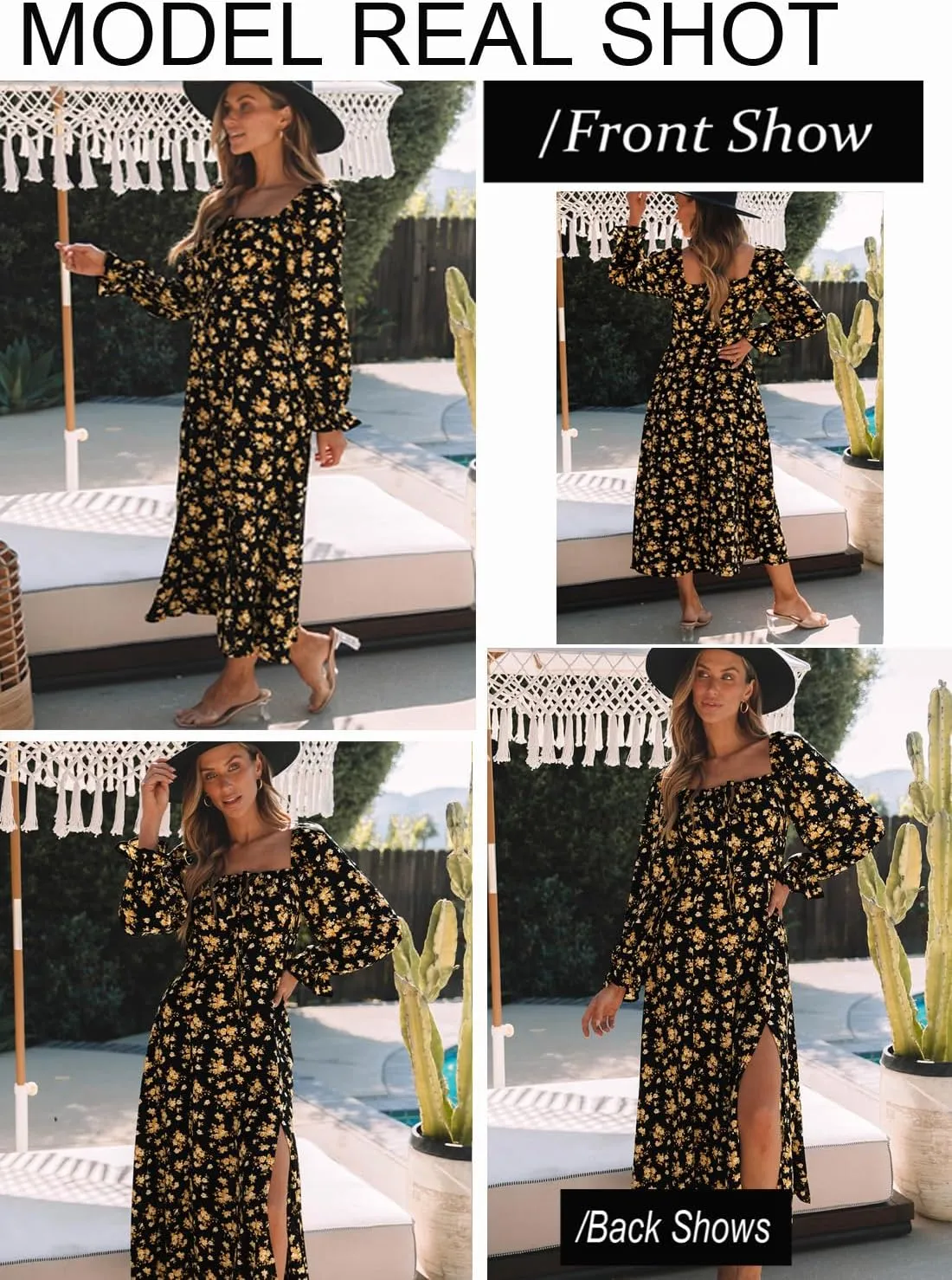 BLENCOT Womens Casual Square Neck Long Sleeve Boho Floral Midi Dress Print Side Split Dresses