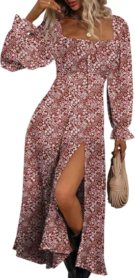 BLENCOT Womens Casual Square Neck Long Sleeve Boho Floral Midi Dress Print Side Split Dresses