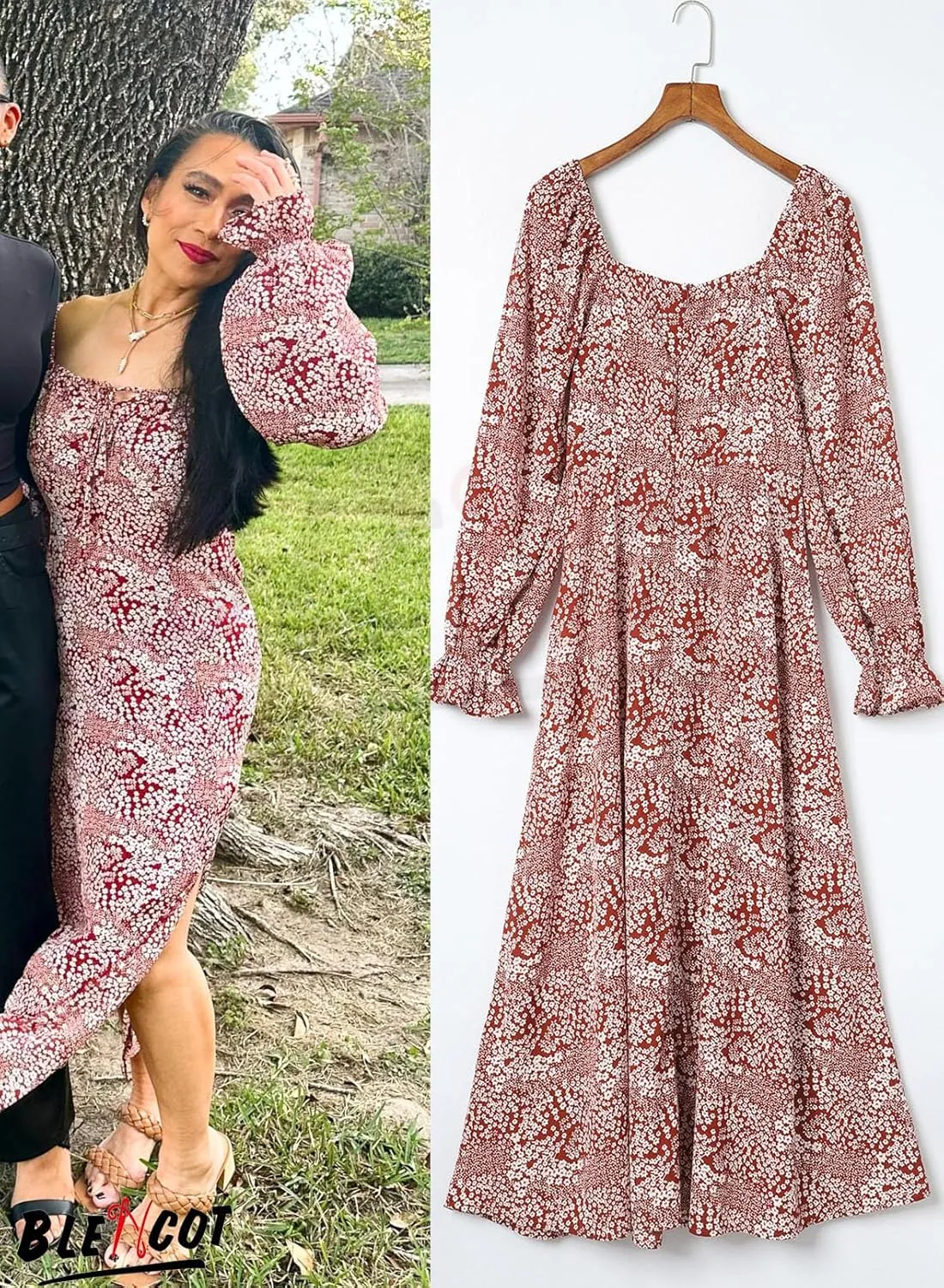 BLENCOT Womens Casual Square Neck Long Sleeve Boho Floral Midi Dress Print Side Split Dresses