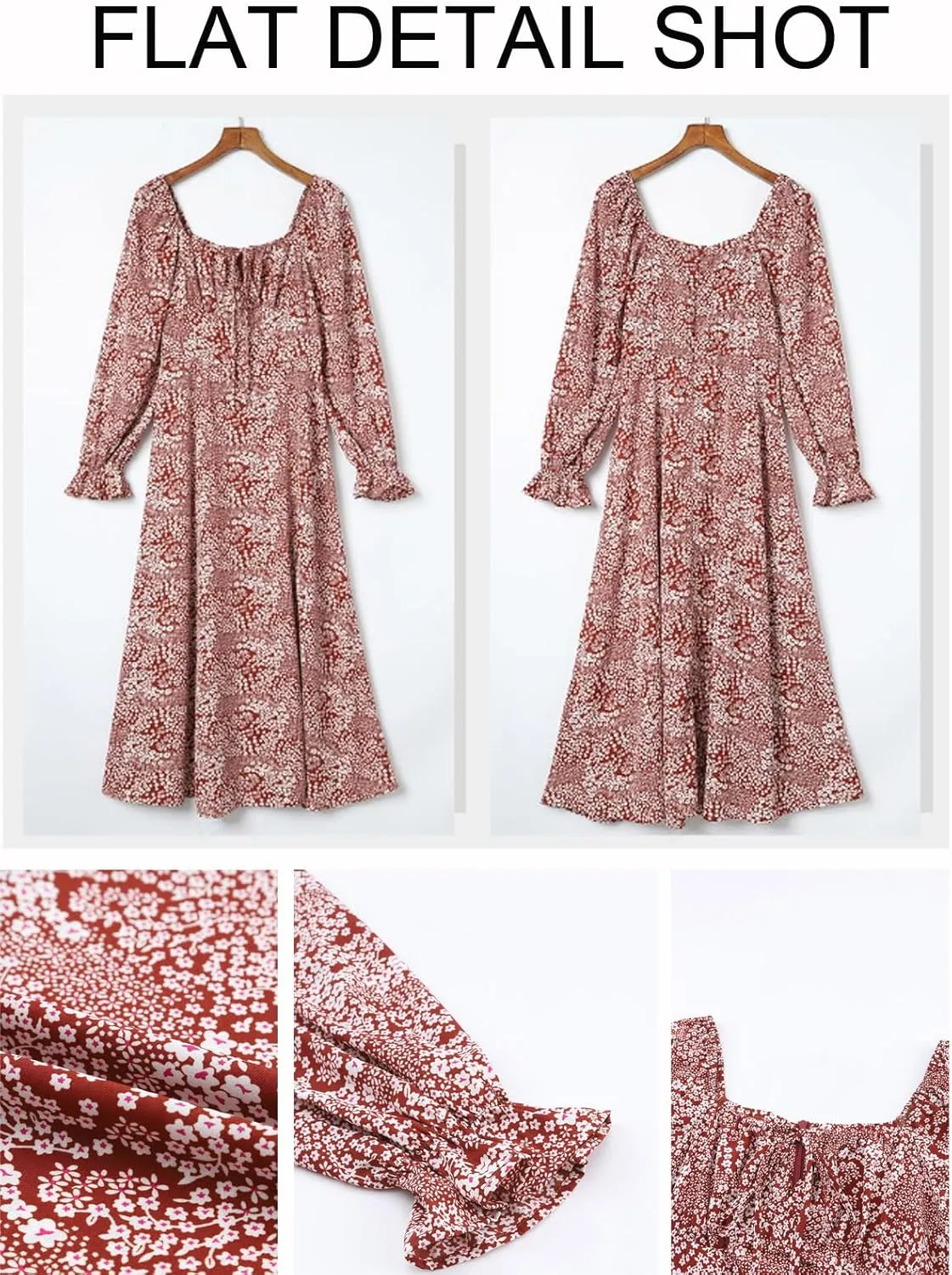 BLENCOT Womens Casual Square Neck Long Sleeve Boho Floral Midi Dress Print Side Split Dresses