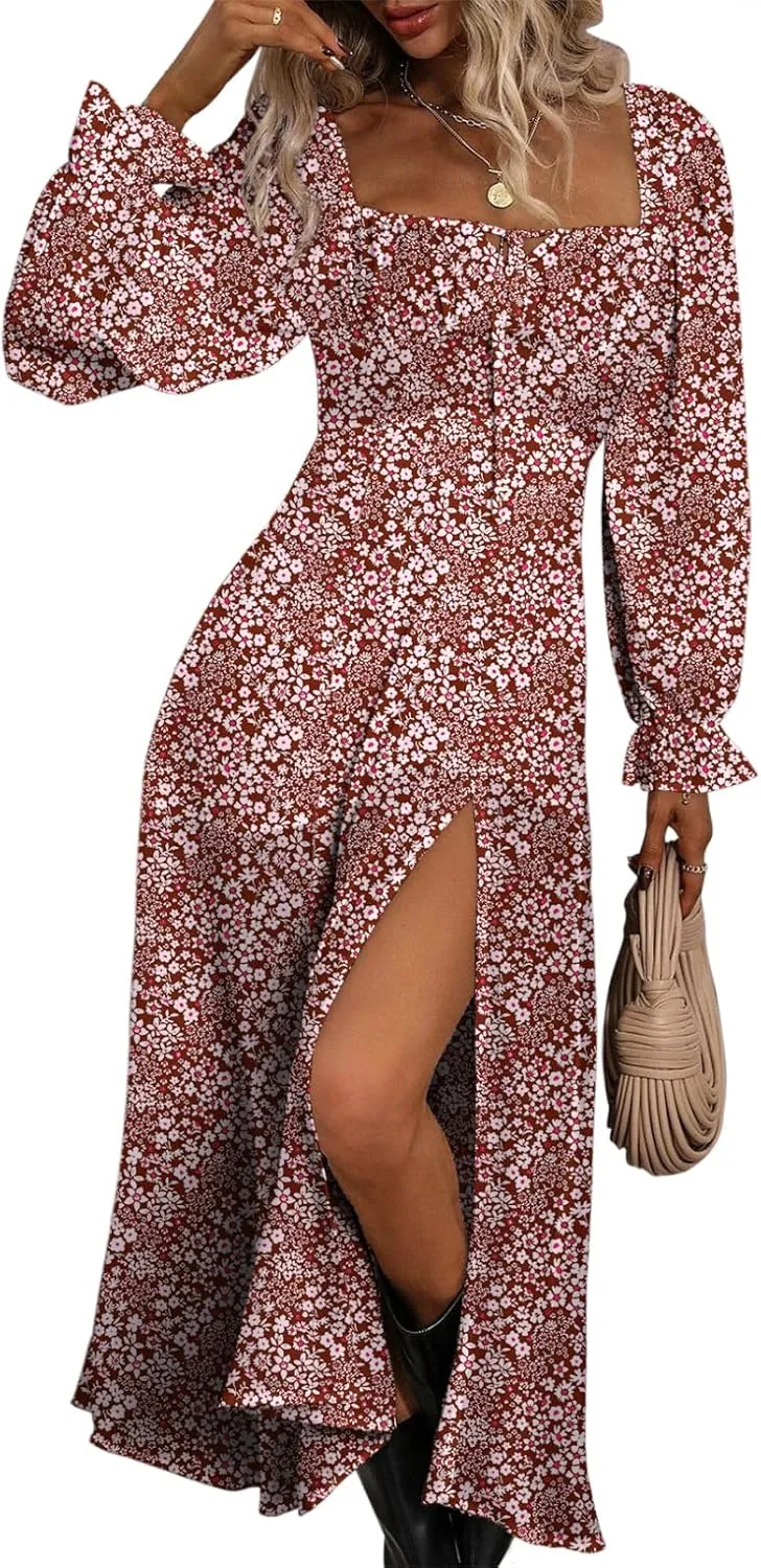 BLENCOT Womens Casual Square Neck Long Sleeve Boho Floral Midi Dress Print Side Split Dresses