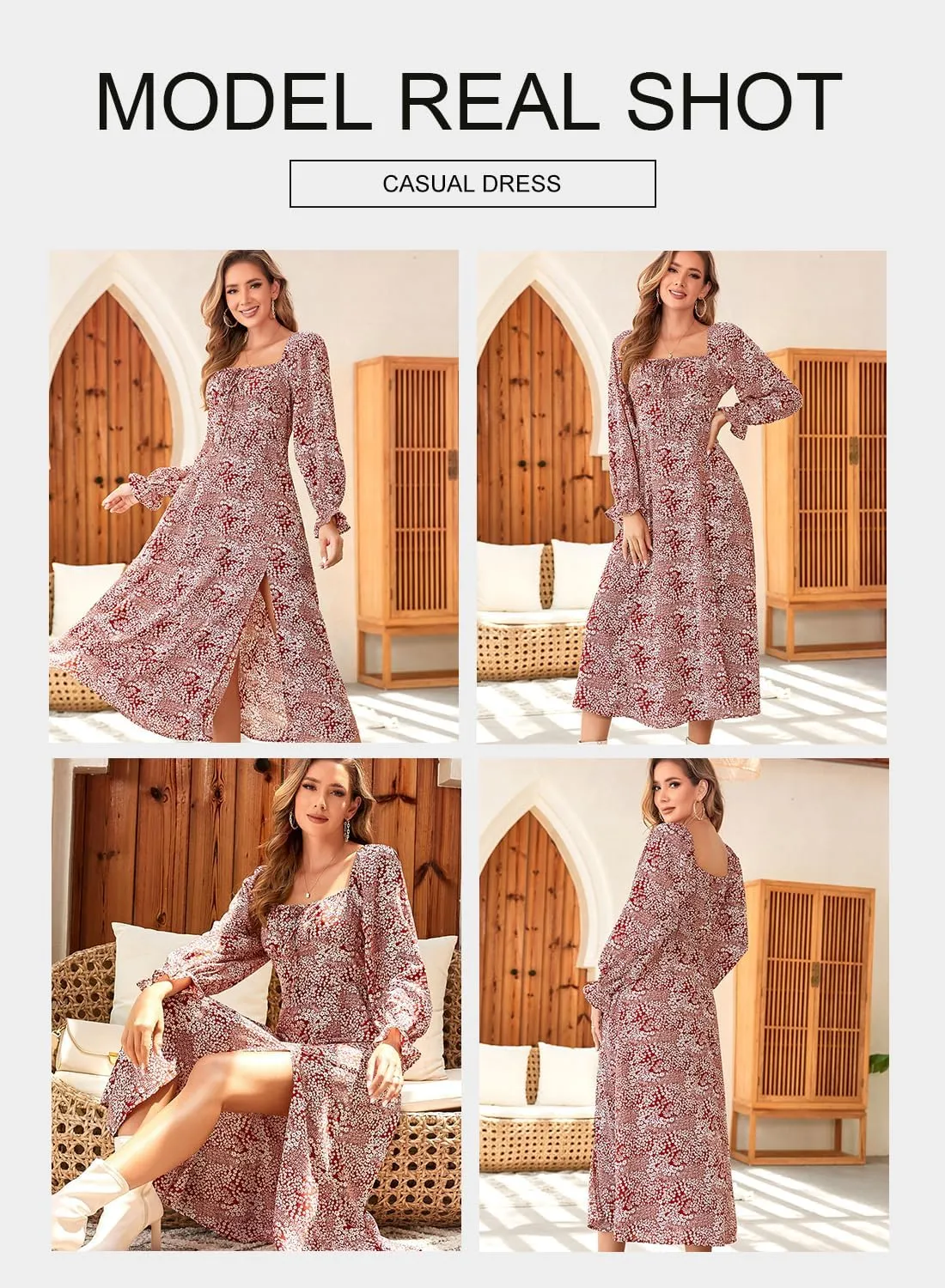 BLENCOT Womens Casual Square Neck Long Sleeve Boho Floral Midi Dress Print Side Split Dresses