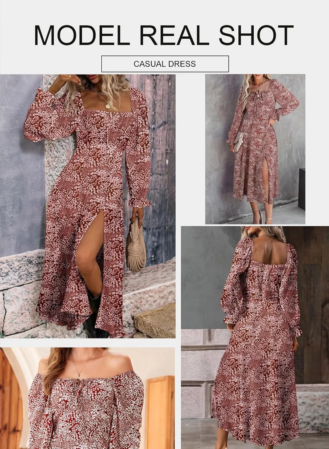 BLENCOT Womens Casual Square Neck Long Sleeve Boho Floral Midi Dress Print Side Split Dresses