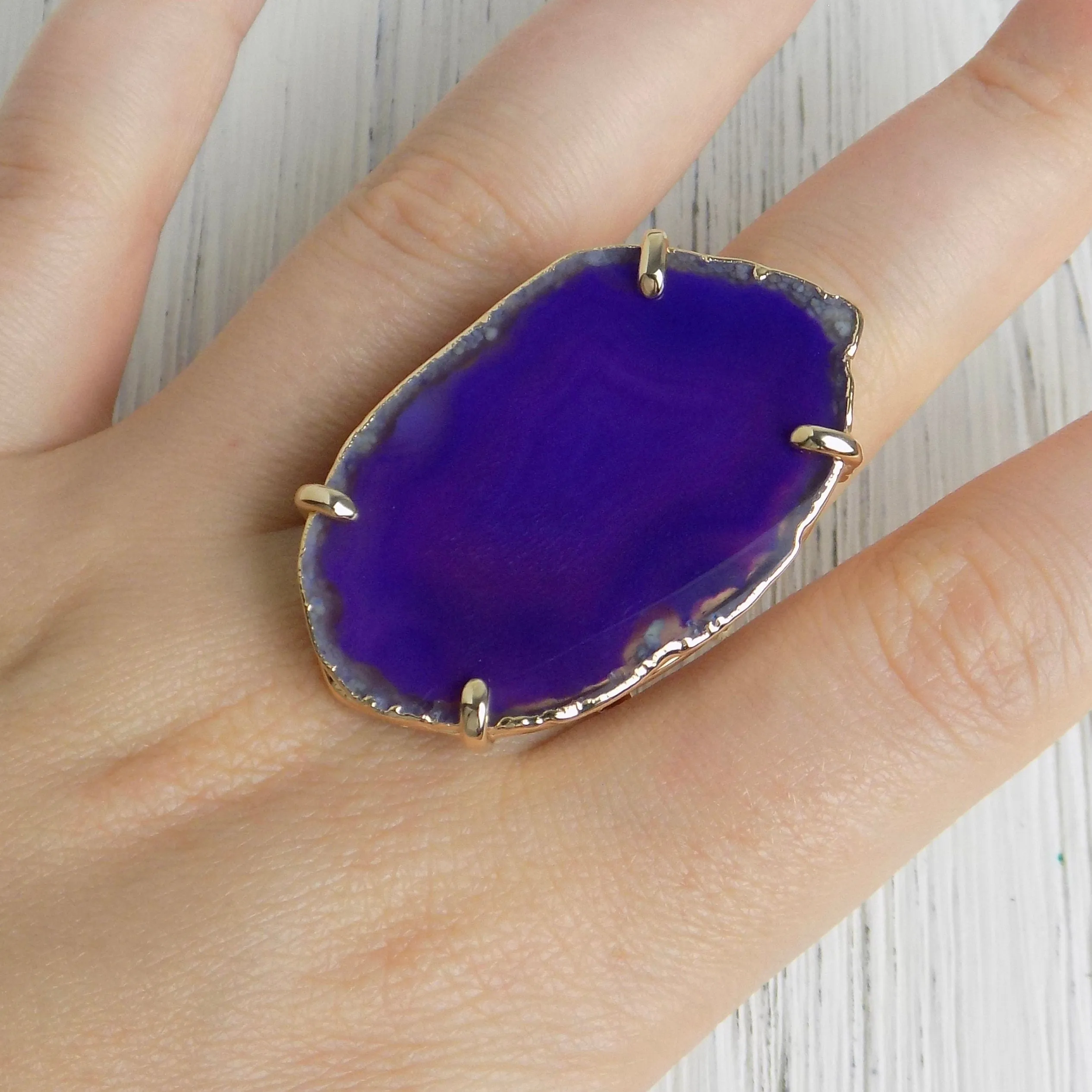 Boho Purple Agate Ring, Geode Ring, Statement Ring, Statement Jewelry Slice Agate Ring Large Stone Ring Crystal Ring Gold Adjustable G14-197