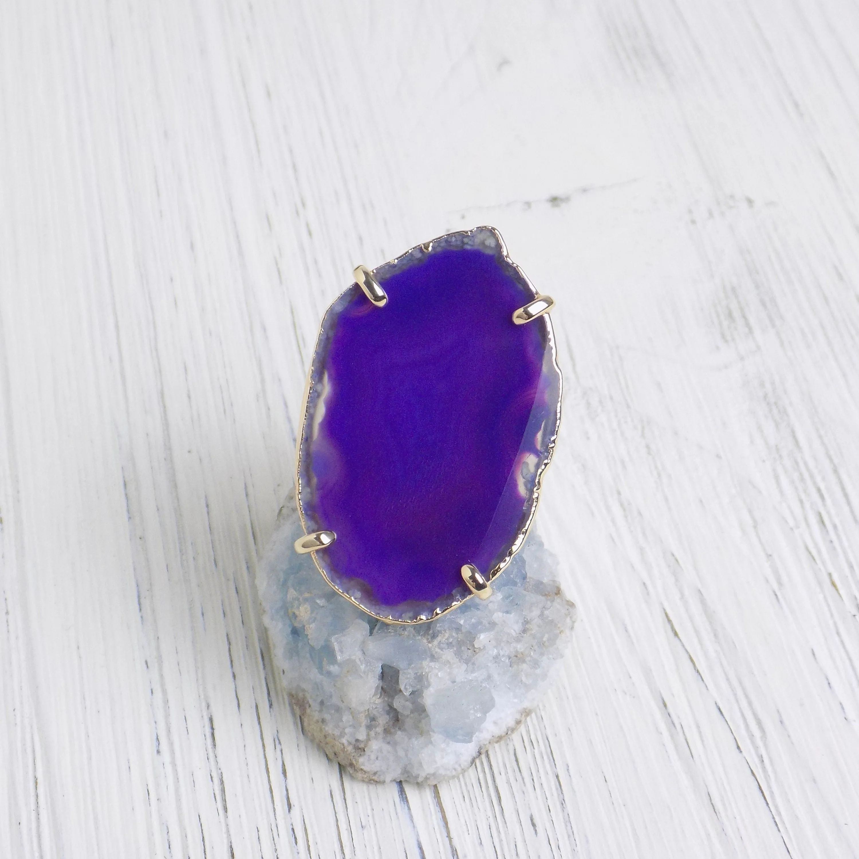 Boho Purple Agate Ring, Geode Ring, Statement Ring, Statement Jewelry Slice Agate Ring Large Stone Ring Crystal Ring Gold Adjustable G14-197