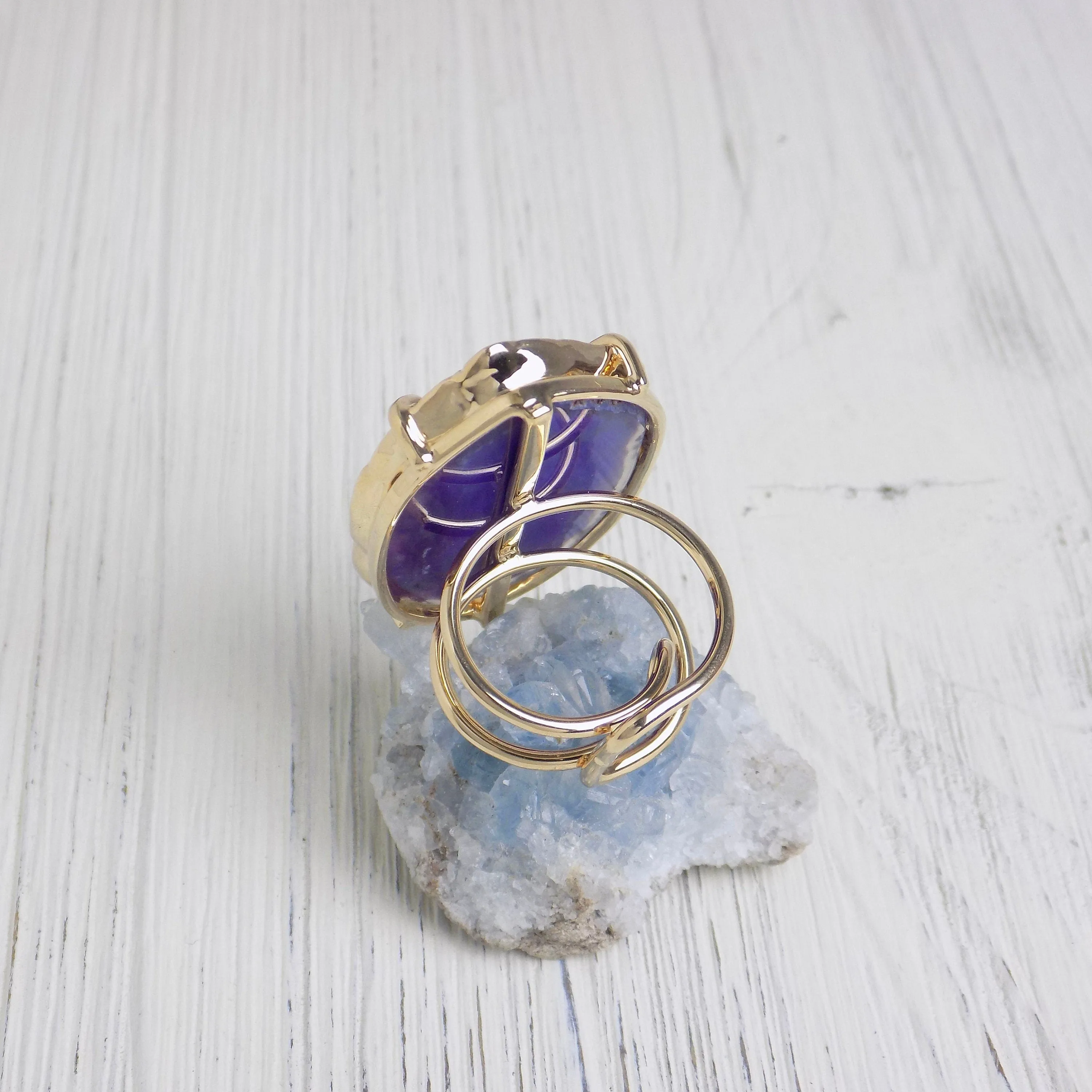 Boho Purple Agate Ring, Geode Ring, Statement Ring, Statement Jewelry Slice Agate Ring Large Stone Ring Crystal Ring Gold Adjustable G14-197