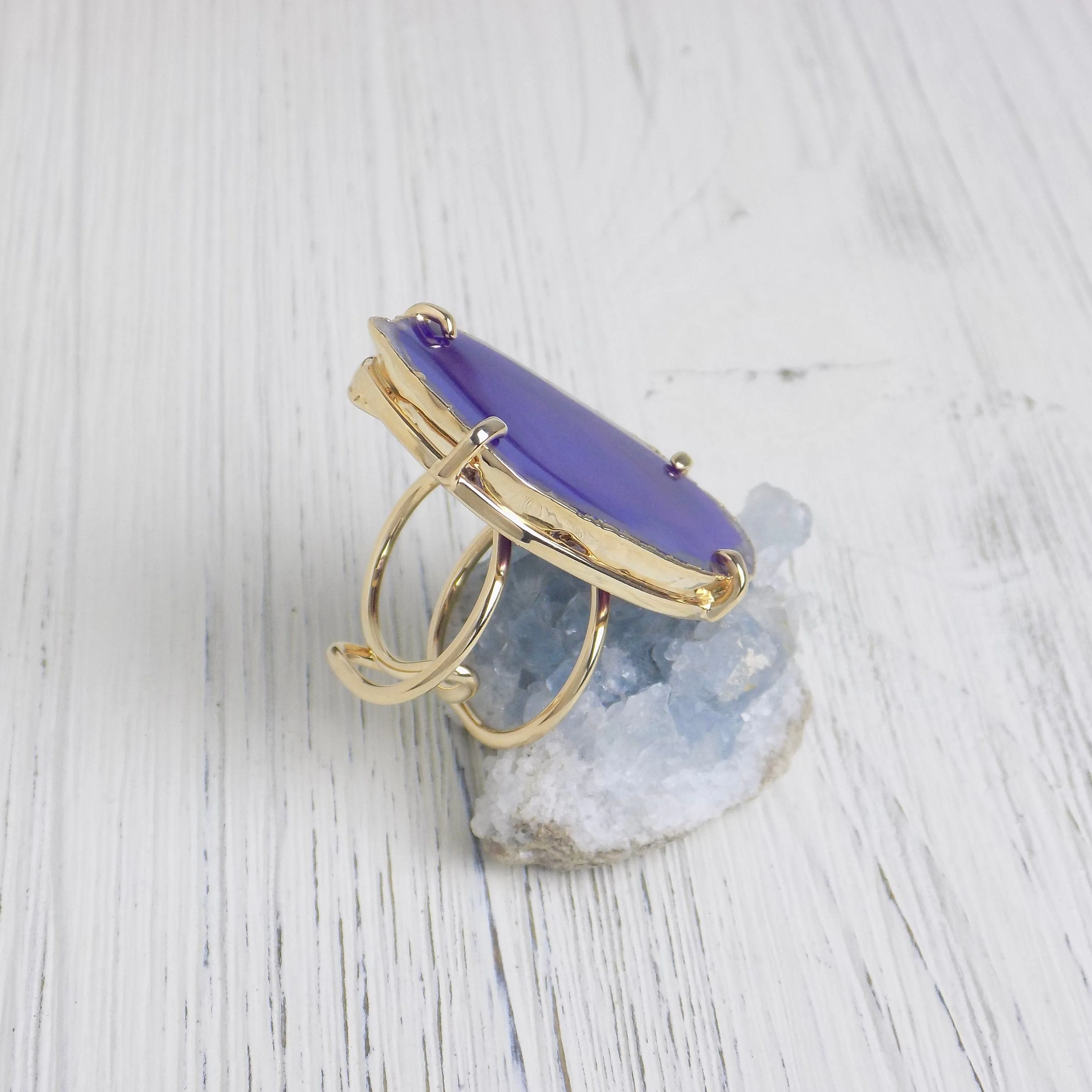 Boho Purple Agate Ring, Geode Ring, Statement Ring, Statement Jewelry Slice Agate Ring Large Stone Ring Crystal Ring Gold Adjustable G14-197