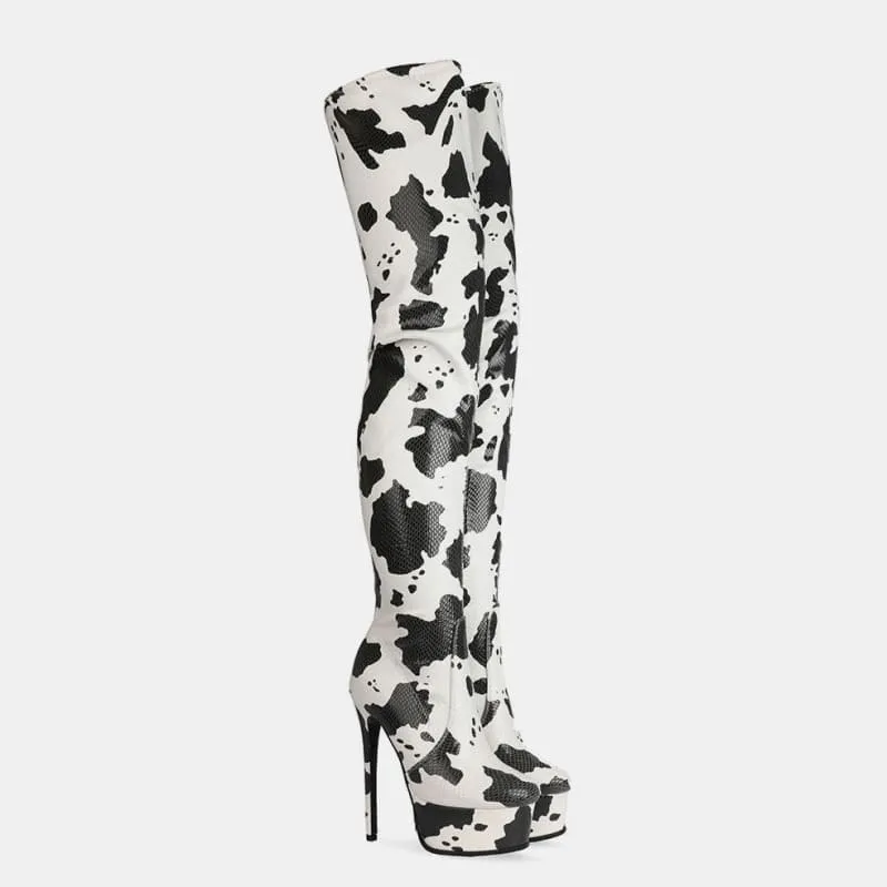 Cow Print Thigh Length Platform Boots for Standout Style