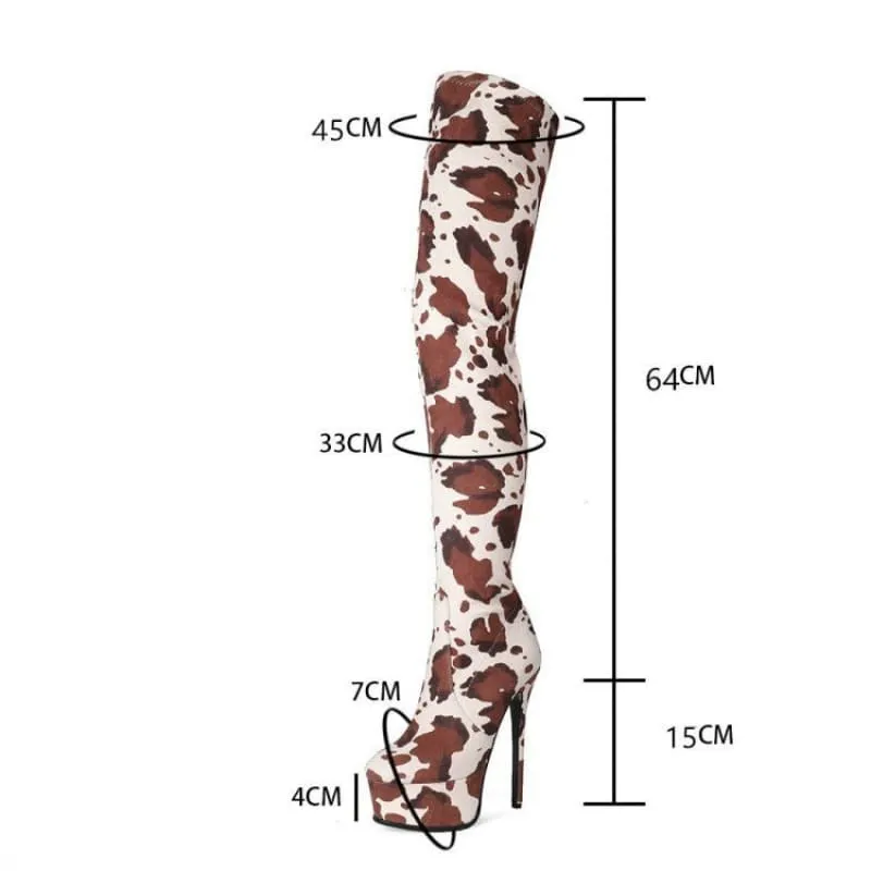 Cow Print Thigh Length Platform Boots for Standout Style