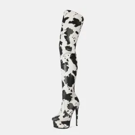 Cow Print Thigh Length Platform Boots for Standout Style