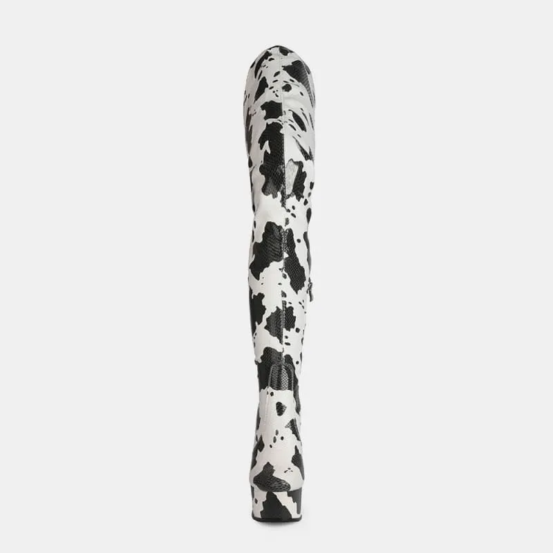 Cow Print Thigh Length Platform Boots for Standout Style