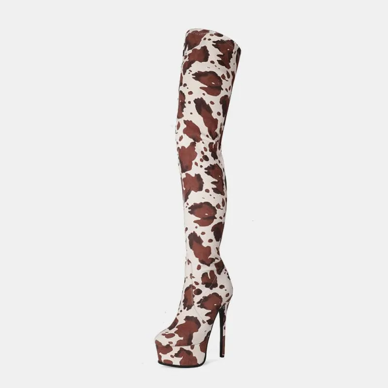 Cow Print Thigh Length Platform Boots for Standout Style