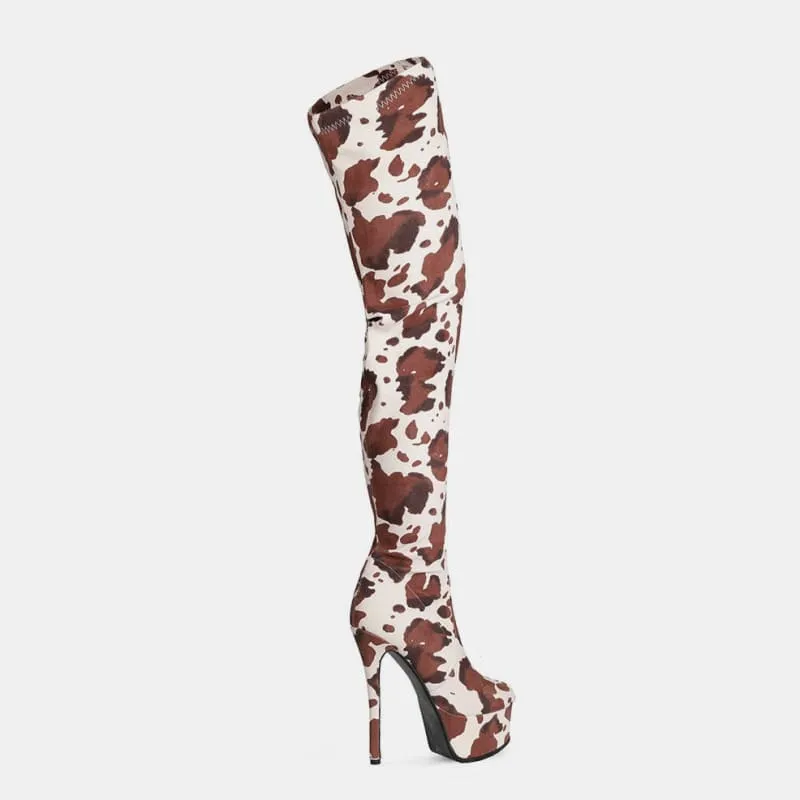 Cow Print Thigh Length Platform Boots for Standout Style