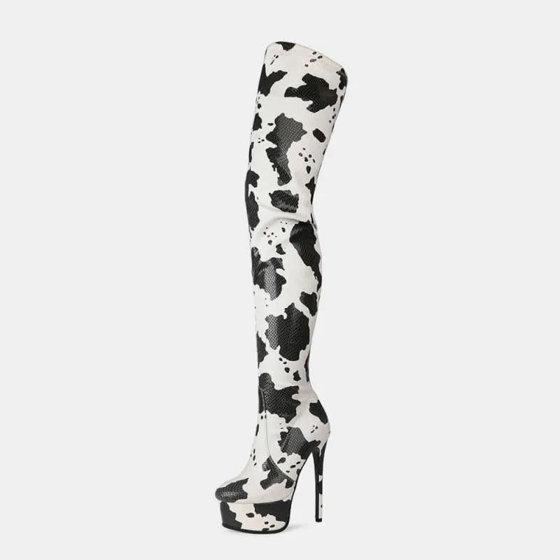 Cow Print Thigh Length Platform Boots for Standout Style