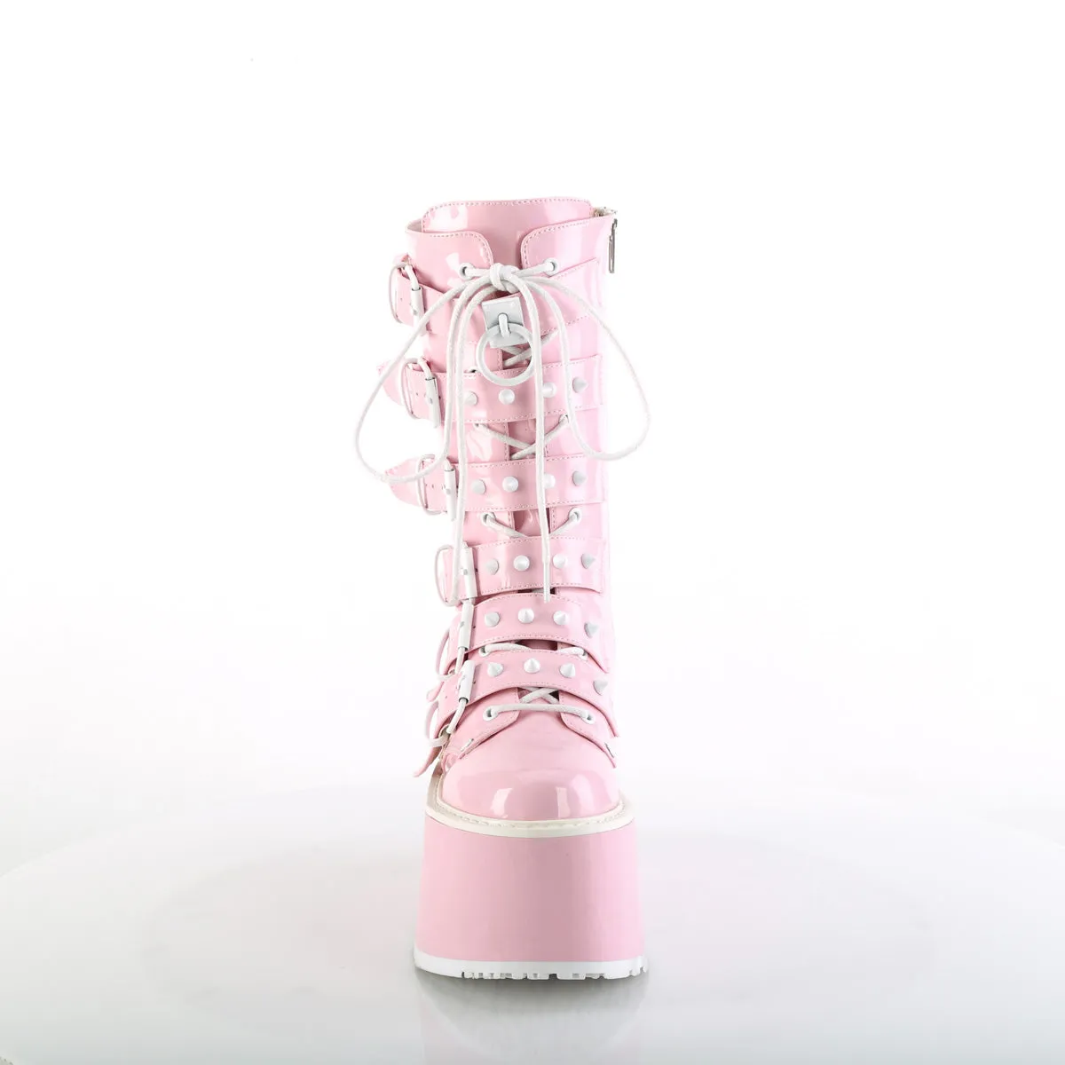 Damned 225 Multi Strap Goth Punk Rock 3.5" Flat Platform Boot Pink Hologram - Demonia Direct