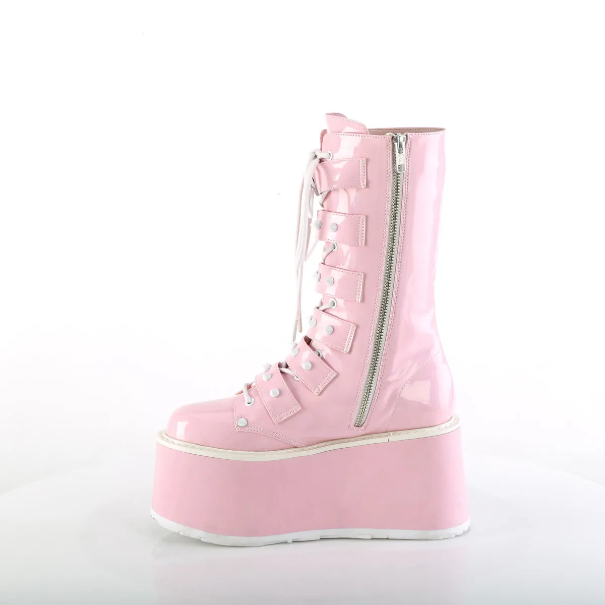 Damned 225 Multi Strap Goth Punk Rock 3.5" Flat Platform Boot Pink Hologram - Demonia Direct