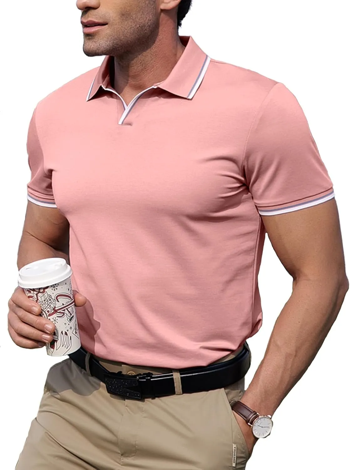 dimidium Mens V Neck Polo Shirts Cotton Short Sleeve Casual Stylish Collar T Shirt Regular Fit Henley Golf Knit Tshirt
