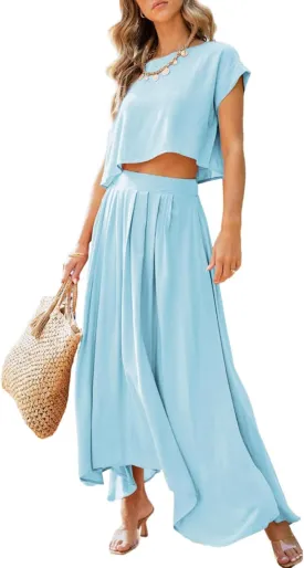 Dokotoo Dresses for Women 2 Piece Summer Outfits Crewneck Tops and Maxi Skirt Dress Sets