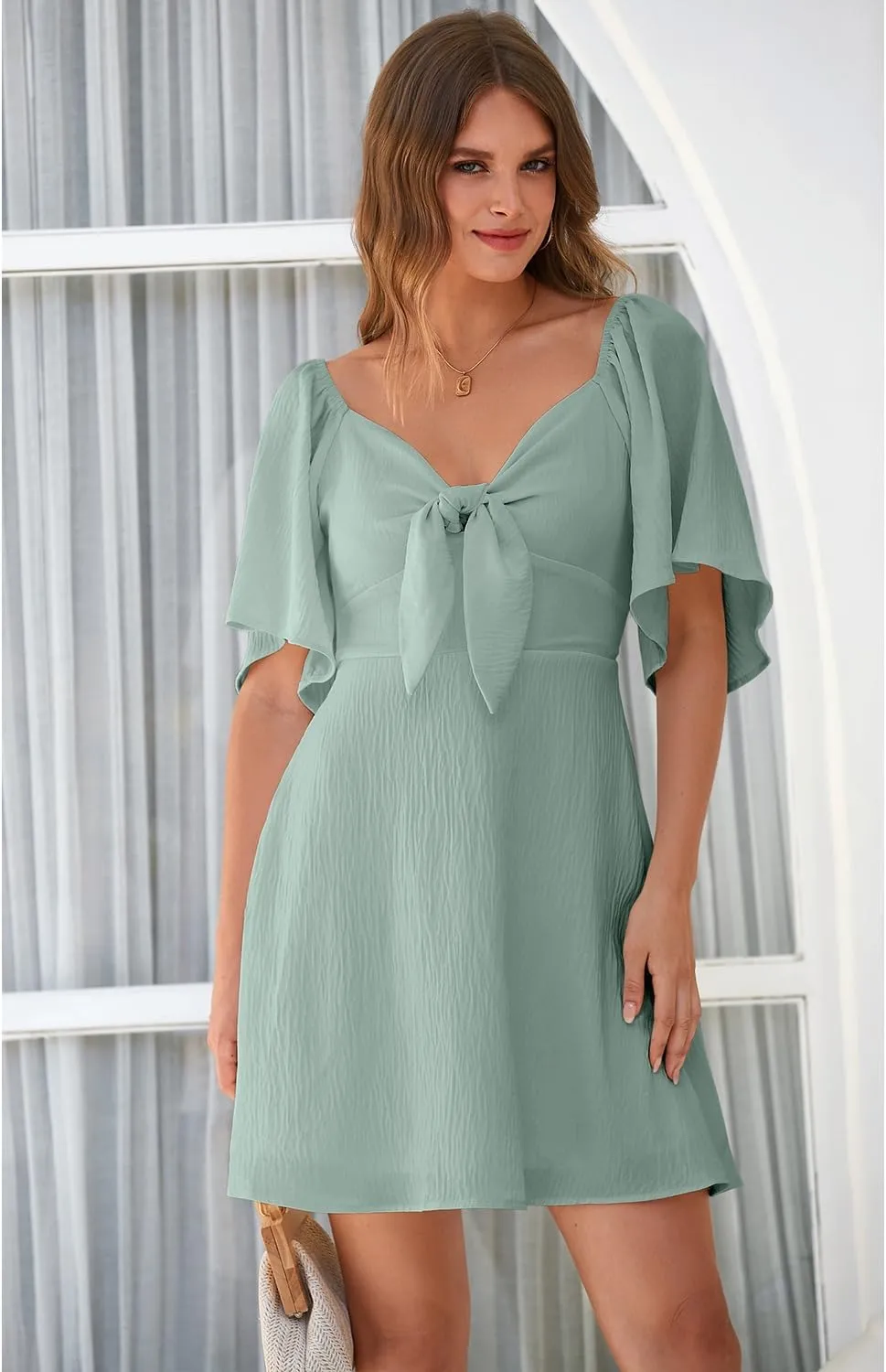 Dokotoo Womens Dresses 2025 Spring Summer Deep V Neck Elegant Bow tie Mini Dress S-XL