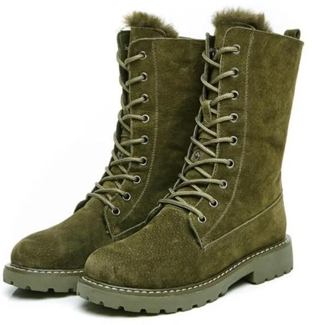 Fur lining lace-up combat boots suede platform martin boots women's motorcycle boots