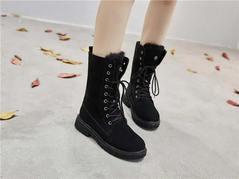 Fur lining lace-up combat boots suede platform martin boots women's motorcycle boots
