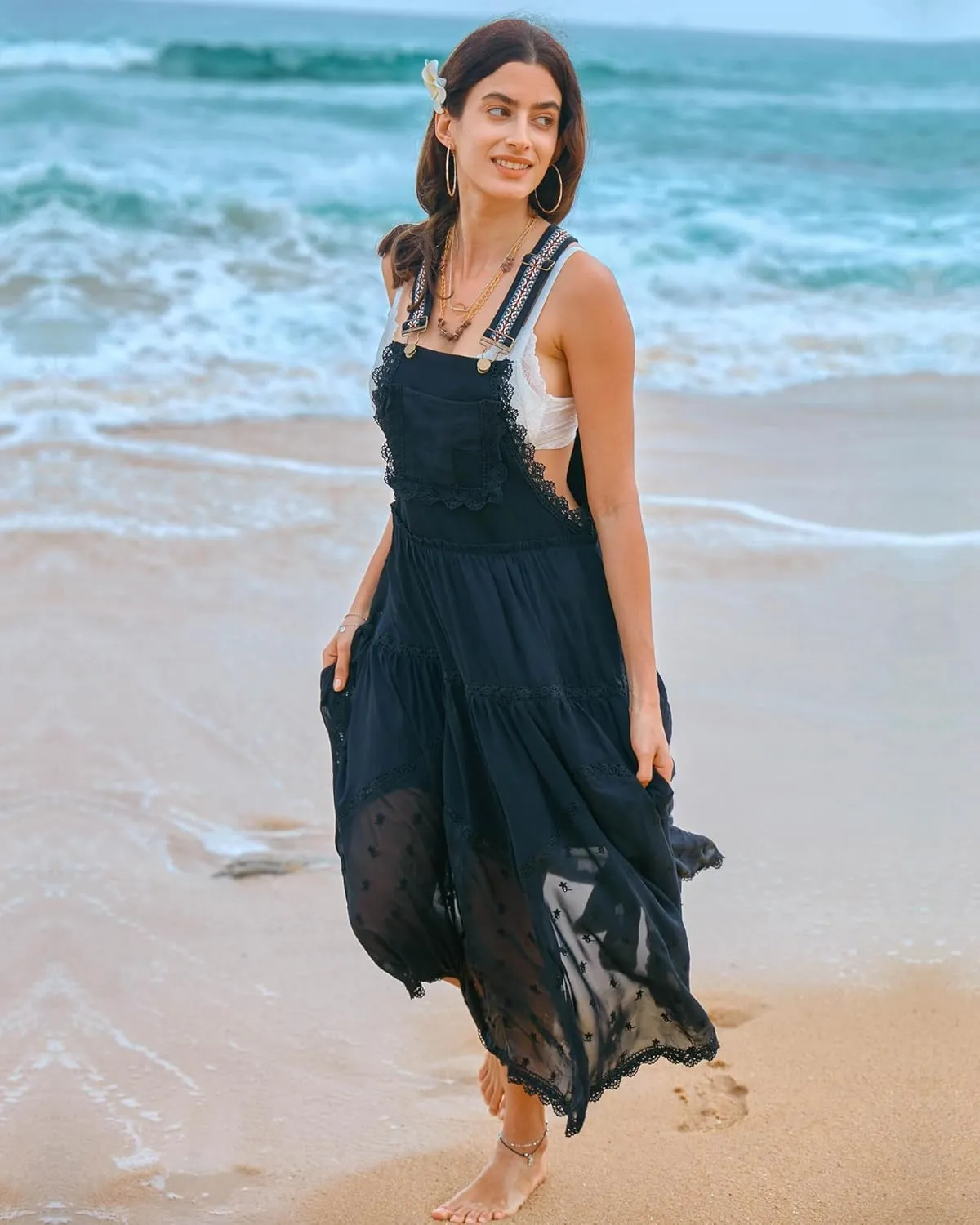 Gacaky Summer Dress for Women Casual Floral Embroidered Bohemian Dress Adjustable Straps Bib Maxi Flowy Dress with Pockets