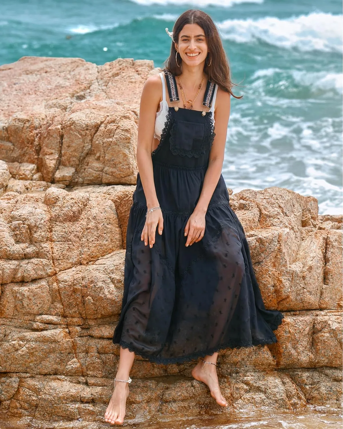 Gacaky Summer Dress for Women Casual Floral Embroidered Bohemian Dress Adjustable Straps Bib Maxi Flowy Dress with Pockets